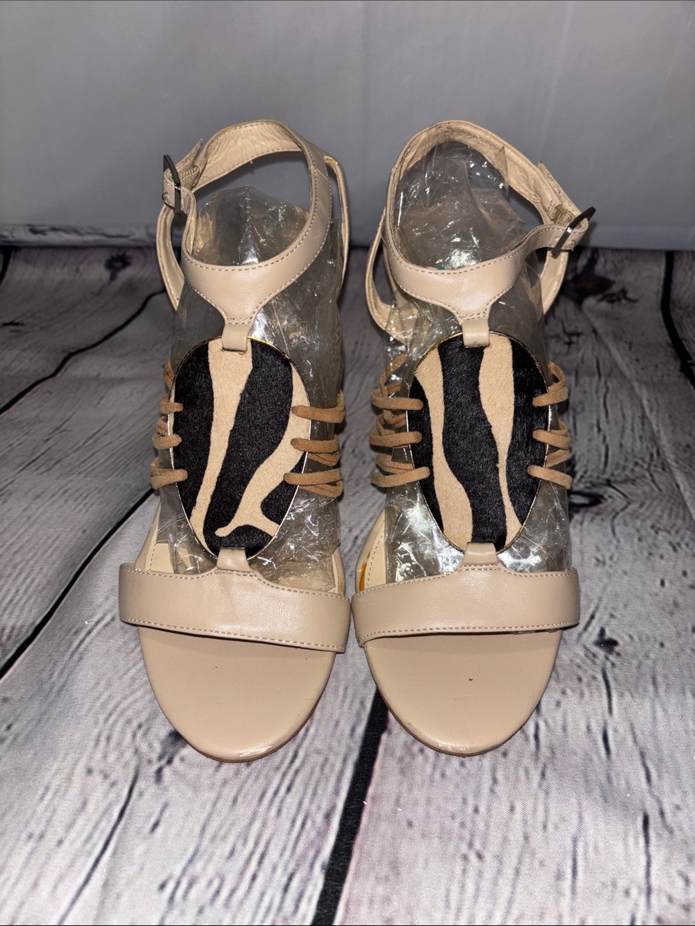 Calvin Klein Beige Sandals with Black and Tan Animal Print Accent